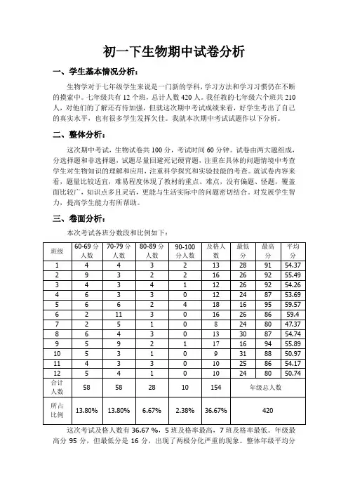 初一生物期中考试成绩分析