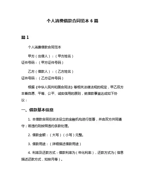 个人消费借款合同范本6篇