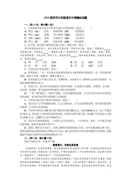 2019武汉市九年级语文中考模拟试题