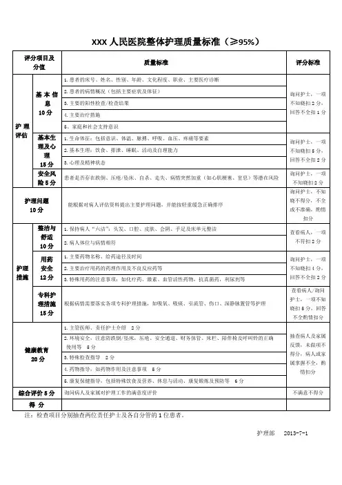 整体护理考核标准
