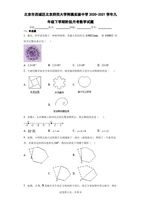 北京市西城区北京师范大学附属实验中学2020-2021学年九年级下学期阶段月考数学试题