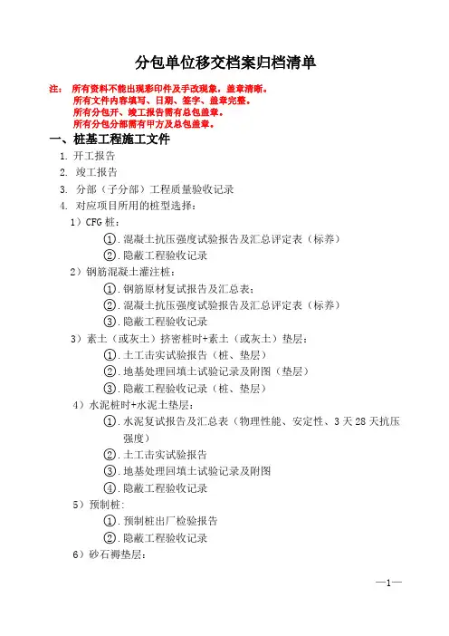 2023年房建工程分包单位最新移交档案归档清单