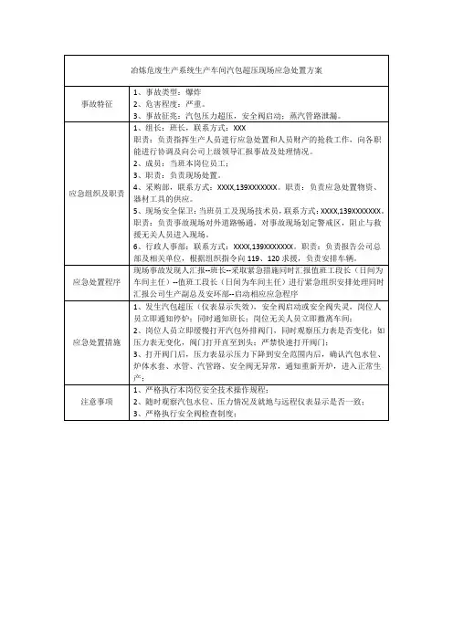 冶炼危废生产系统生产车间汽包超压现场应急处置方案模板