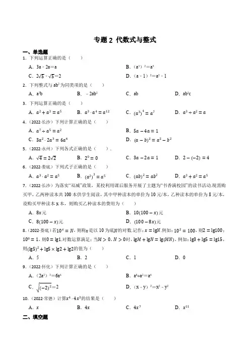 专题2代数式与整式含答案解析2023年湖南省中考数学一轮复习专题训练