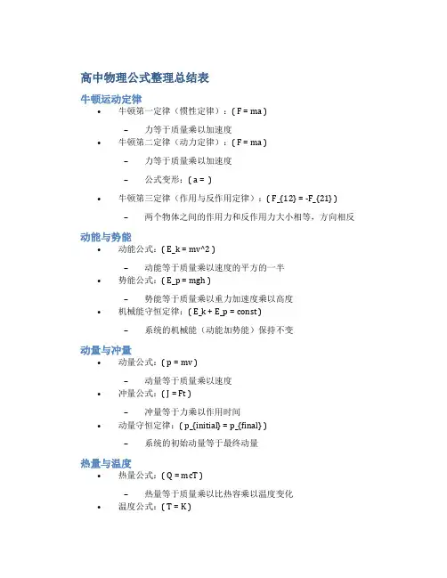 高中物理公式有公式整理总结表