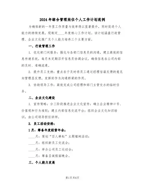 2024年综合管理岗位个人工作计划范例（四篇）