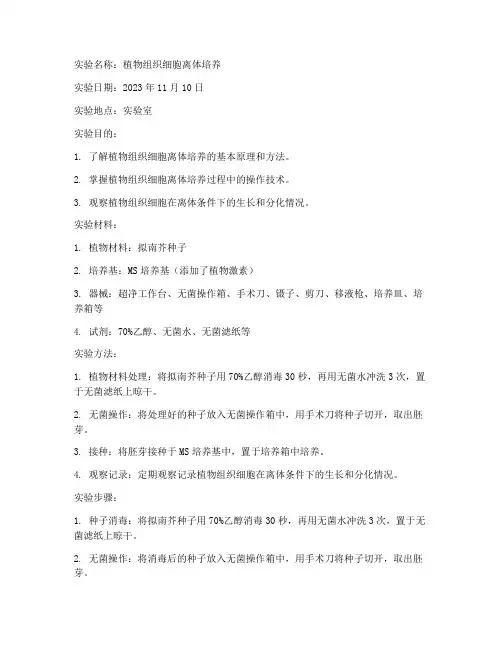 离体培养实验报告