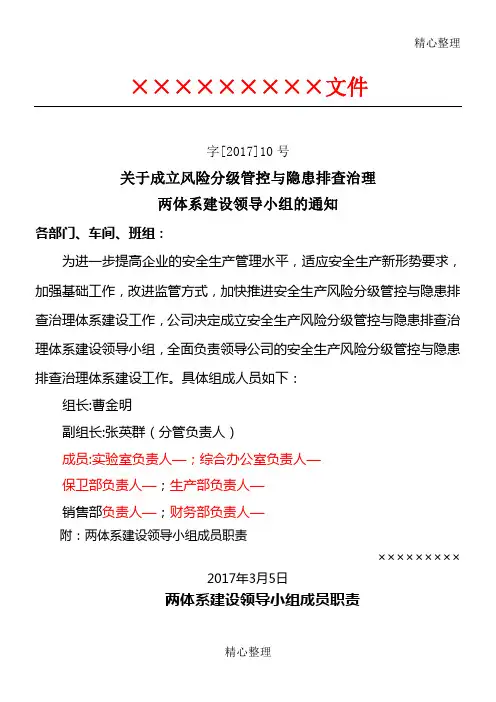 成立双体系领导机构文件