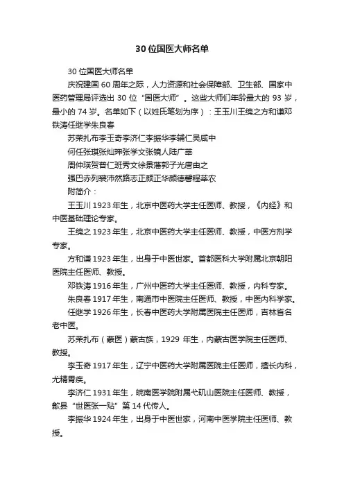 30位国医大师名单