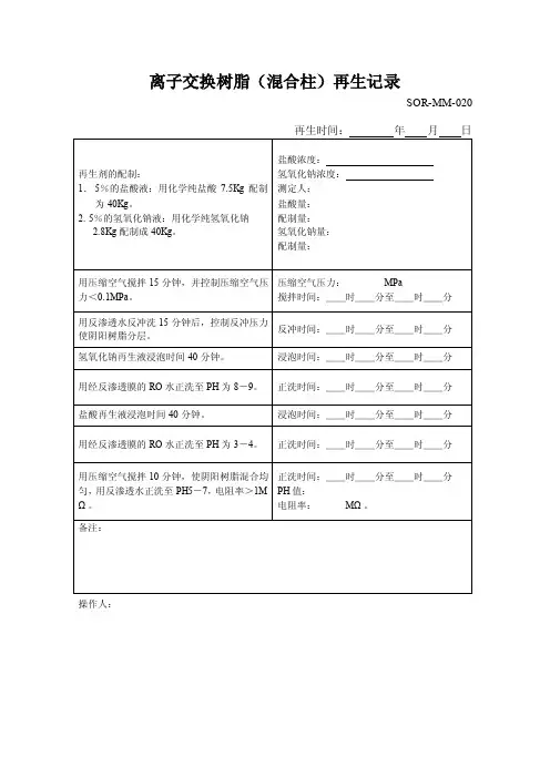离子交换树脂（混合柱）再生记录
