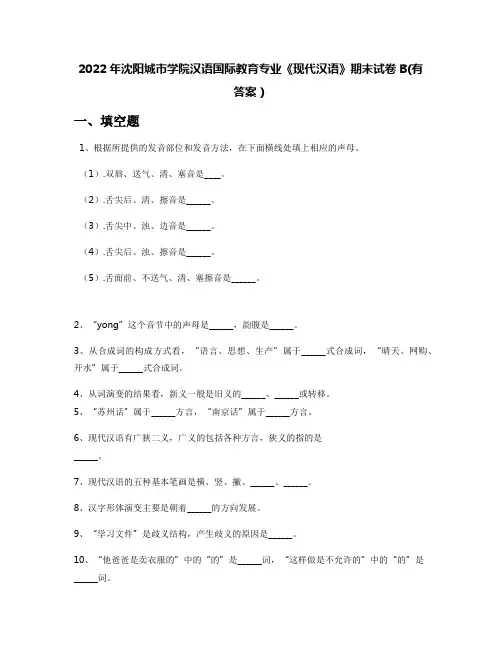 2022年沈阳城市学院汉语国际教育专业《现代汉语》期末试卷B(有答案)