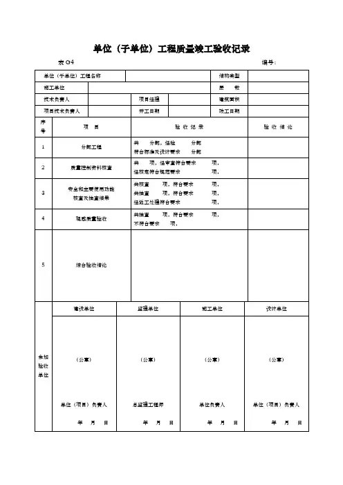 市政工程竣工验收表格模板