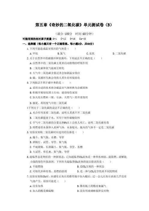 第5章奇妙的二氧化碳单元测试卷(B)-2024-2025学年九年级化学沪教版(2024)上册