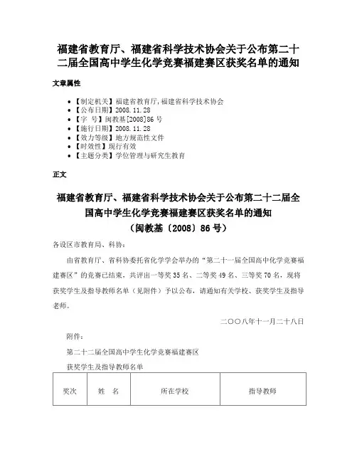 福建省教育厅、福建省科学技术协会关于公布第二十二届全国高中学生化学竞赛福建赛区获奖名单的通知