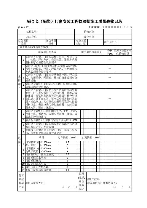 铝合金(铝塑)门窗安装工程检验批施工质量验收记录