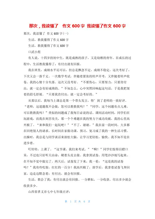 那次,我读懂了  作文600字 我读懂了作文600字