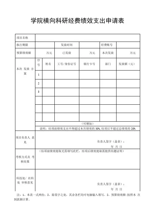 学院横向科研经费绩效支出申请表