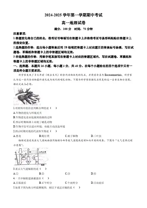 辽宁省大连市普兰店区四校2024-2025学年高一上学期11月期中地理试题(无答案)