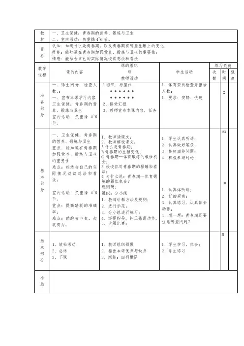 小学体育与健康六年级《卫生保健;青春期的营养、锻炼与卫生》表格式教案