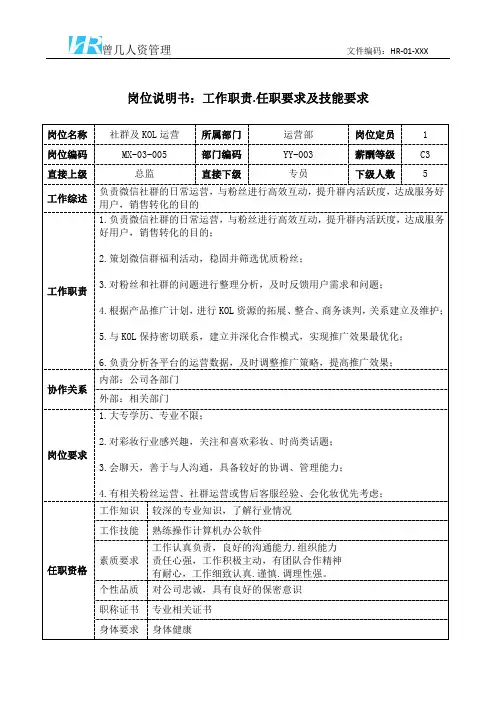 社群及KOL运营岗位说明书工作职责和任职要求