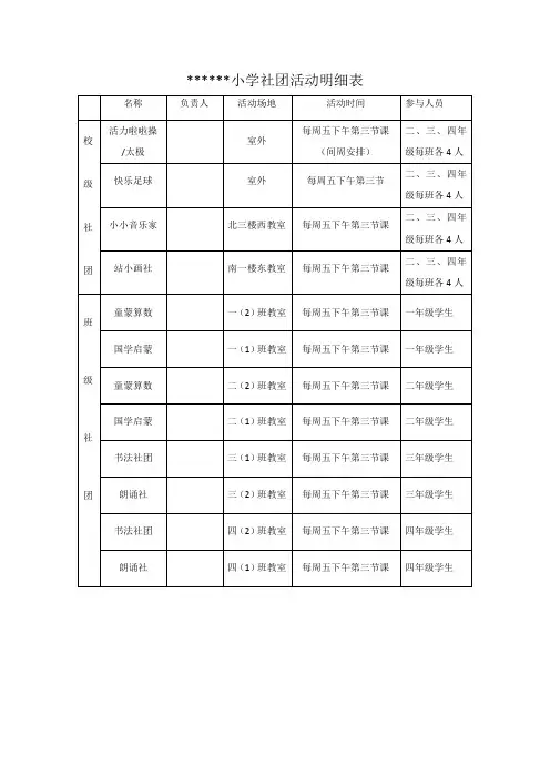 小学生社团活动明细表