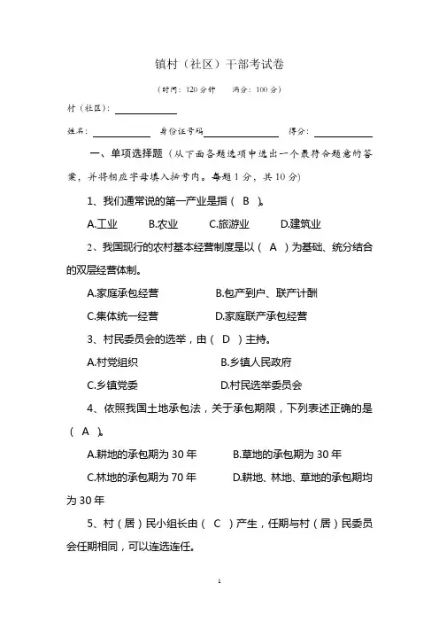 乡镇村干部考试试题