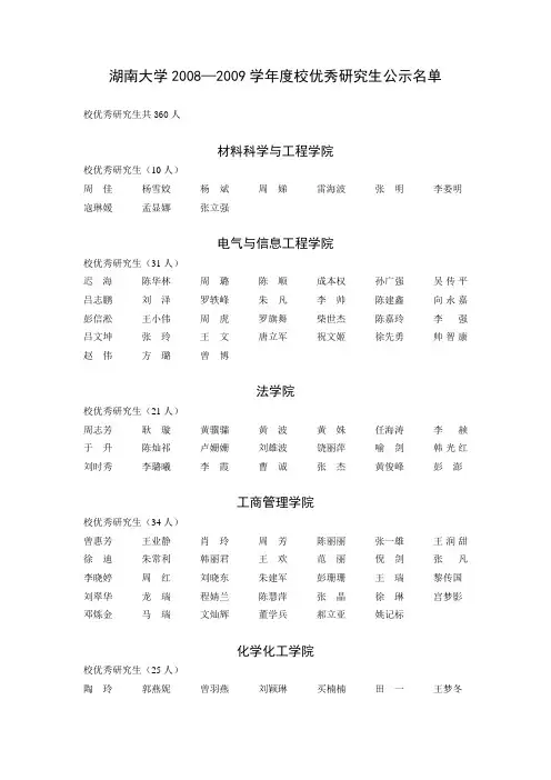 湖南大学20082009学年度校优秀研究生公示名单