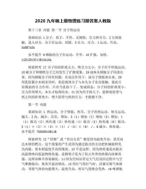 2020九年级上册物理练习册答案人教版