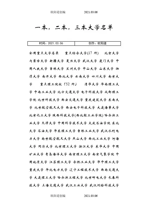一本,二本,三本大学名单(填高考志愿必备)之欧阳道创编
