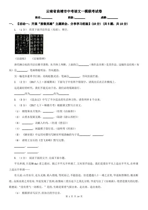 云南省曲靖市中考语文一模联考试卷