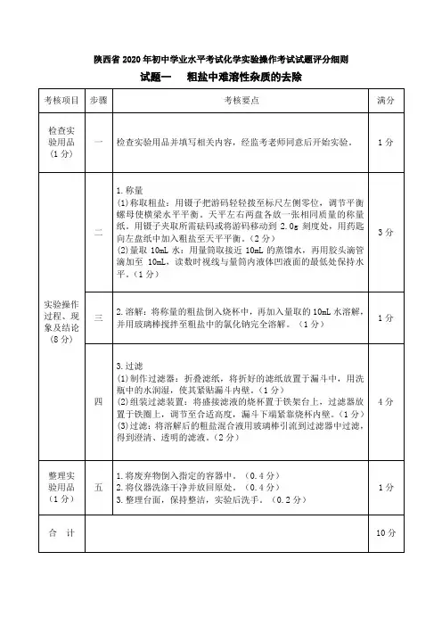 陕西省2020年初中学业水平考试化学实验操作考试试题评分细则