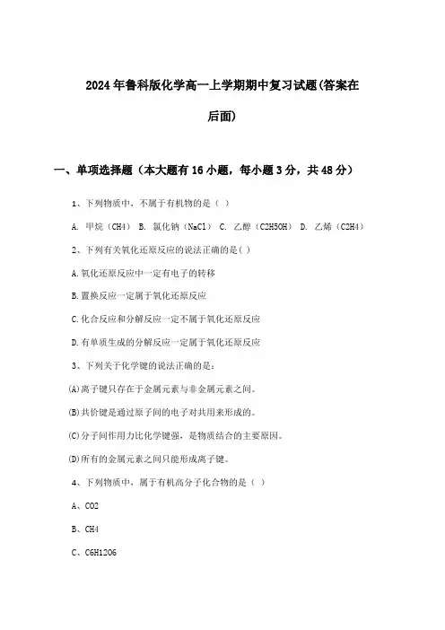 鲁科版化学高一上学期期中试题及解答参考(2024年)