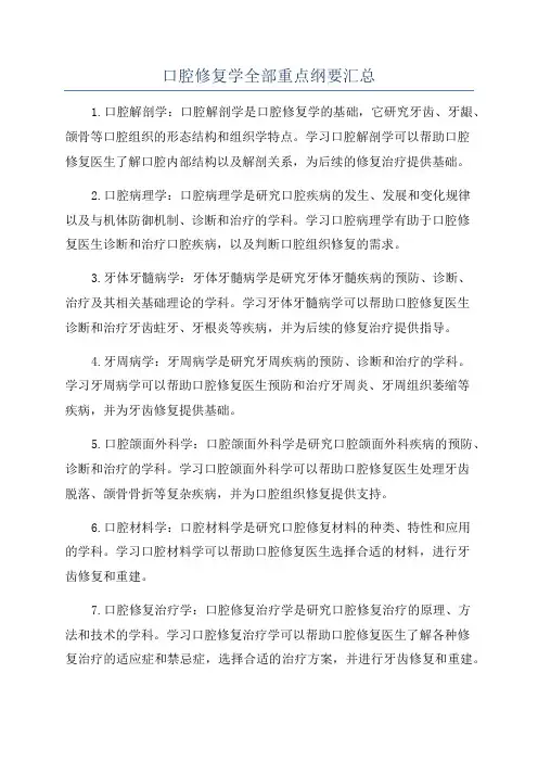 口腔修复学全部重点纲要汇总