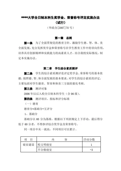 华东政法大学全日制本科生奖学金、荣誉称号评定实施办法(试行)【模板】