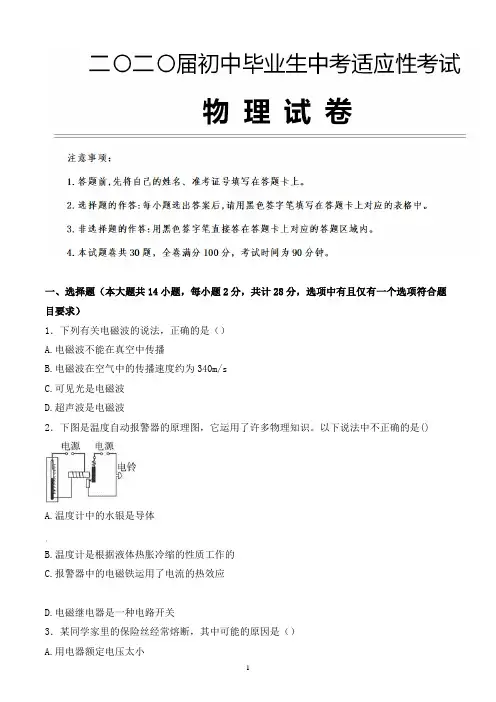 2020年四川省乐山市中考物理适应性考试试题含参考答案