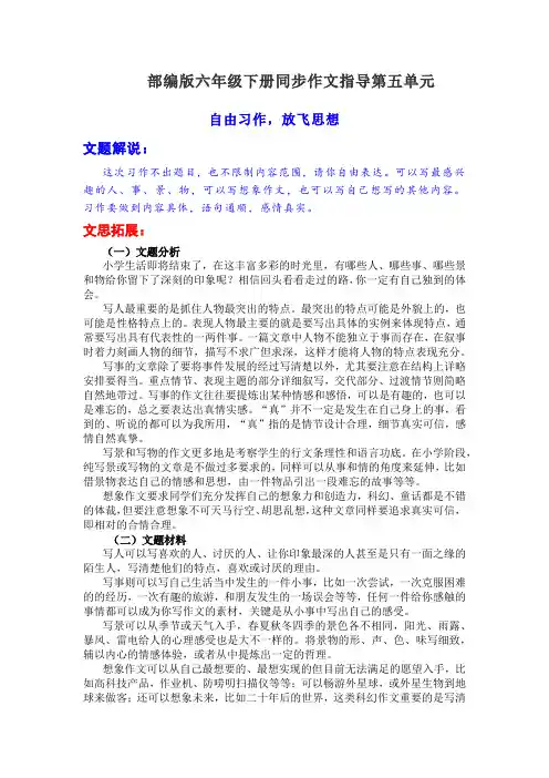 部编版小学语文六年级下册同步作文指导第五单元 自由习作 放飞自我