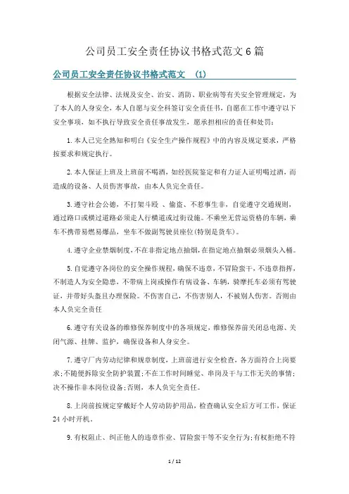 公司员工安全责任协议书格式范文6篇