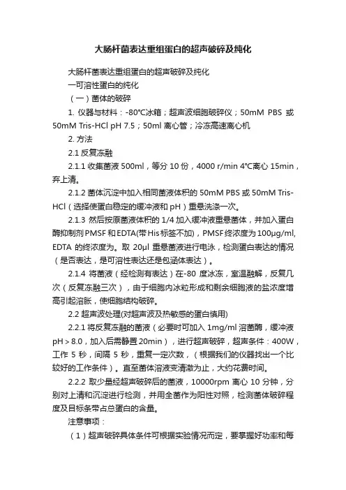 大肠杆菌表达重组蛋白的超声破碎及纯化