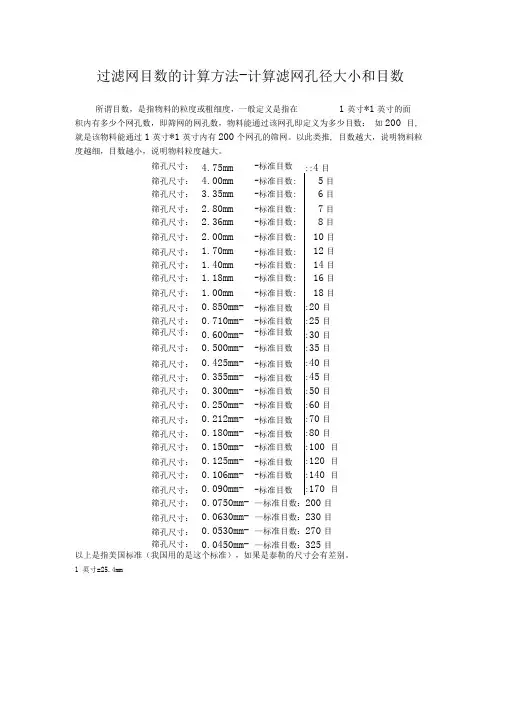 滤网目数及对应的孔径尺寸