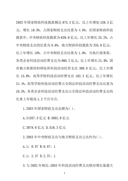 2003年国家财政科技拨款额达975