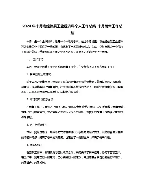 2024年十月底经信委工业经济科个人工作总结_十月销售工作总结