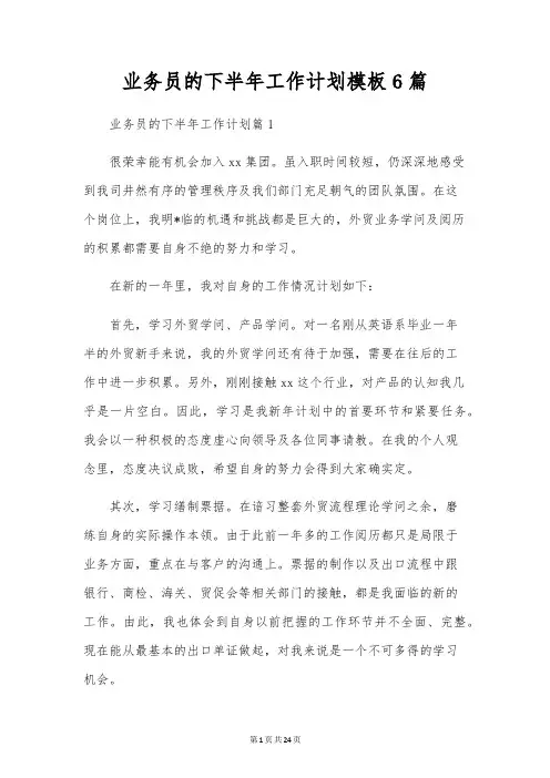 业务员的下半年工作计划模板6篇