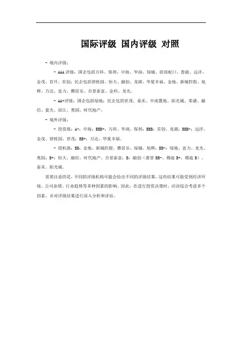 国际评级 国内评级 对照