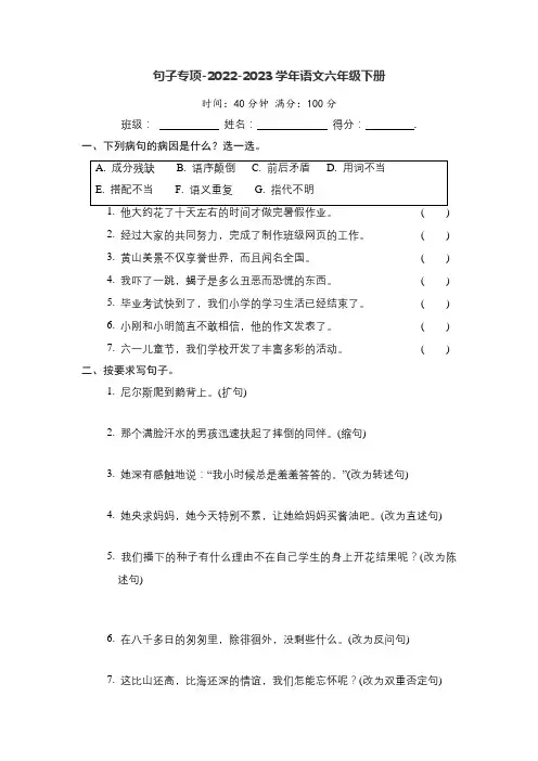 人教版语文六年级下册句子专项练习
