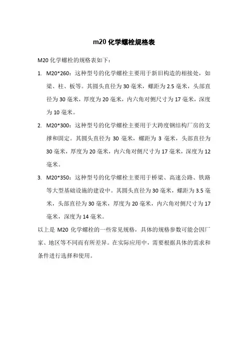 m20化学螺栓规格表