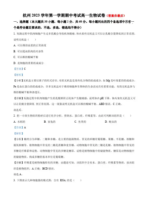 浙江省杭州2023-2024学年高一上学期期中生物试题含解析