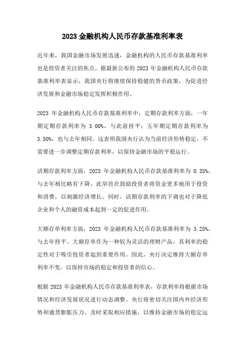 2023金融机构人民币存款基准利率表