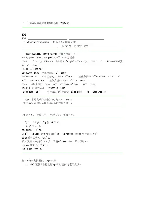 中国居民膳食能量推荐摄入量