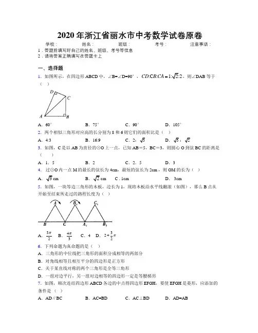 2020年浙江省丽水市中考数学试卷原卷附解析