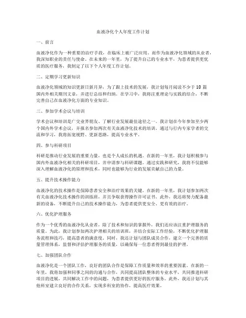 血液净化个人年度工作计划